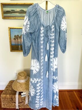 Dolma Blue White Embroidered Boho Maxi Resort Hamptons Summer Dress | NWOT OS